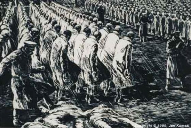 Obraz Jana Komskiego przedstawiający apel w niemieckim obozie koncentracyjnym. Źródło: http://www.zchor.org