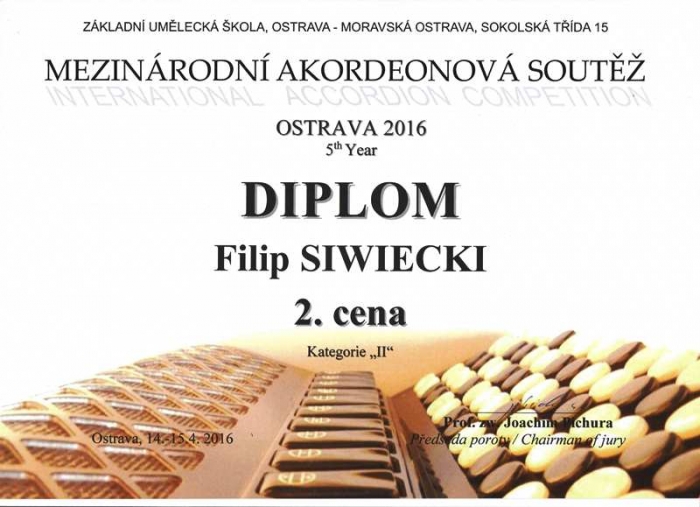 Filip Siwiecki ze Szkoły Muzycznej I st. w Dydni – drugi - w Międzynarodowym Konkursie Akordeonowym w  czeskiej Ostrawie.
