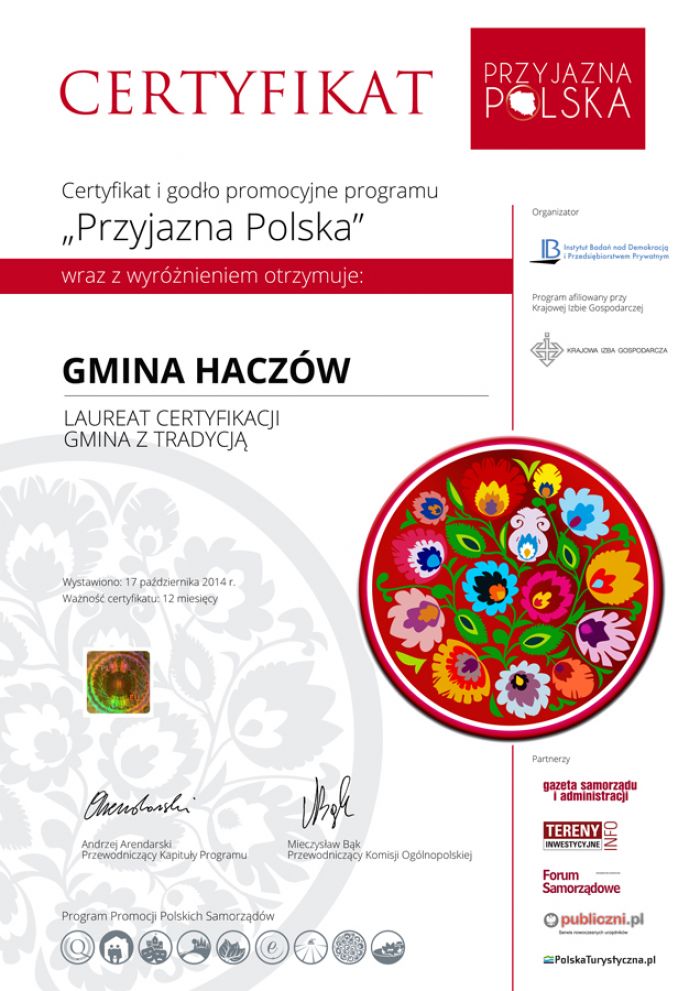 Certyfikat &quot;Przyjazna Polska&quot; dla Gminy Haczów