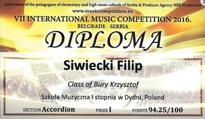 VII Międzynarodowy Konkurs Muzyczny – Belgrad, Serbia 2016.Dwa pierwsze miej-sca dla młodych akordeonistów z dydeńskiej Szkoły Muzycznej