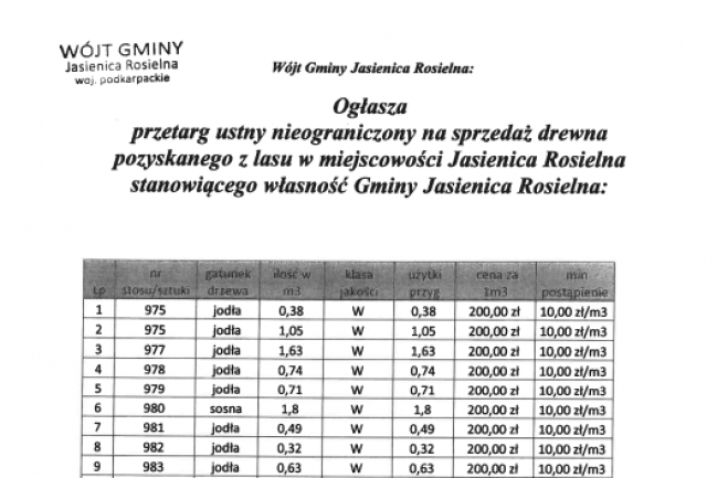 Jasienica Rosielna. Przetarg na sprzedaż drewna