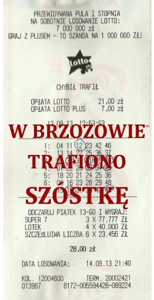 SZÓSTKA W LOTTO W BRZOZOWIE