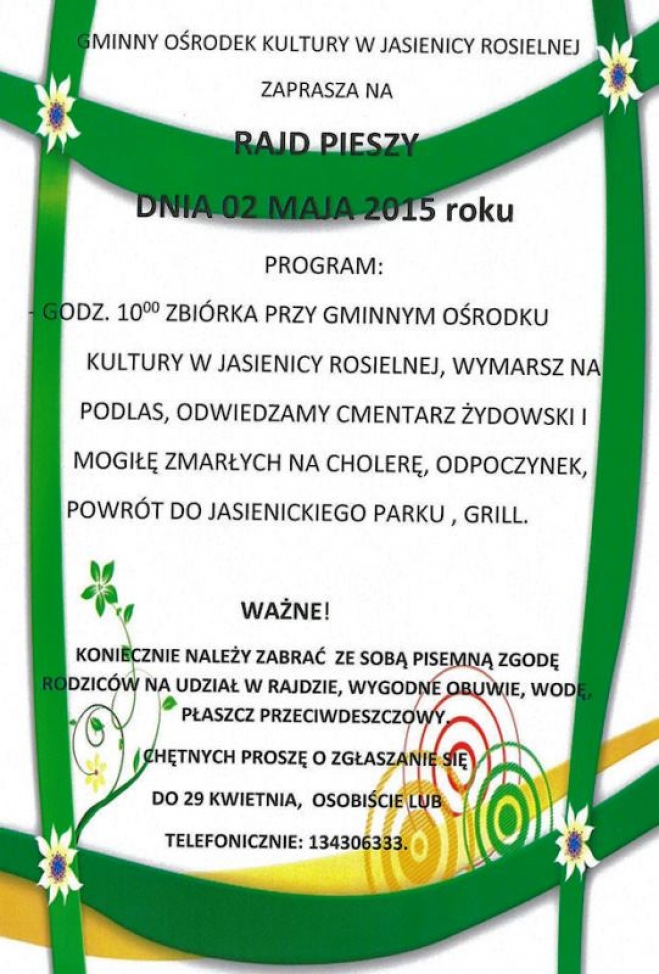 GOK w Jasienicy Rosielnej zaprasza na rajd pieszy